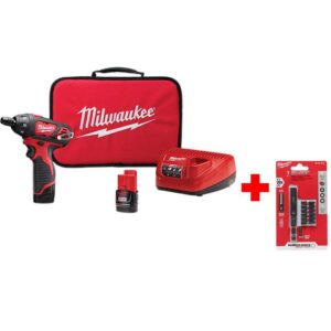 Milwaukee 2401-22-48-32-4515 M12 12V Lithium-Ion Cordless 1/4 in. Hex Screwdriver Kit with Two 1.5Ah Batteries, Charger, Tool Bag and Bit Set
