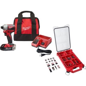 Milwaukee 2850-21P-48-32-4082 M18 18V Lithium-Ion Compact Brushless Cordless 1/4 in. Impact Driver Kit w/ Screw Driver Bit Set PACKOUT (100-Piece)