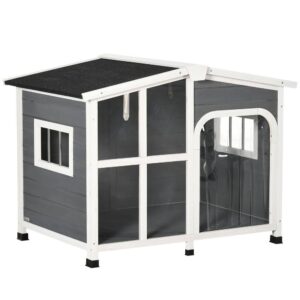 PawHut D02-141V01CG Cabin-Style Wooden Dog House for Large Dogs Outside with Openable Roof & Giant Window, Gray